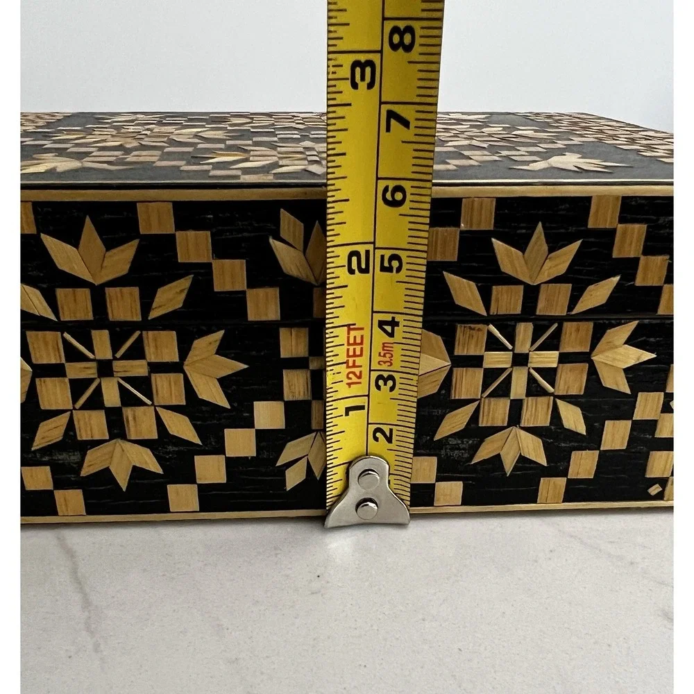 Vtg USSR Straw Marquetry Inlay Wood Jewelry Trinket Box Russia Folk Art Boho